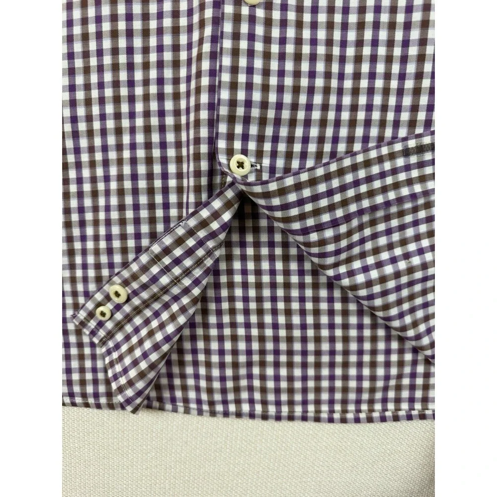 PETER MILLAR Button Up Gingham Check Shirt Men L Purple White Preppy Long Sleeve